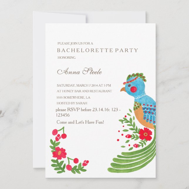 Inbjudan till Blue Quetzal Bachelorette Party (Framsida)