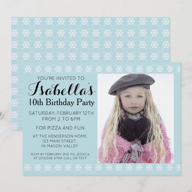 Inbjudan till Blue Snowflake Photo Birthday (Fram/baksida)