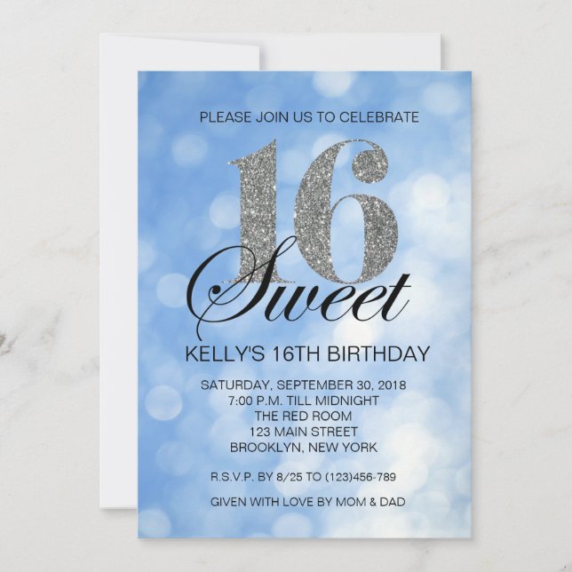 Inbjudan till Blue Sweet 16 Silver Glitter Ljus (Framsida)