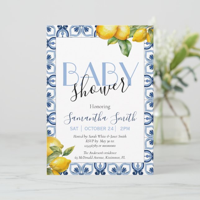 Inbjudan till Blue Tile Lemon Italiana Baby Shower (Stående Fram)