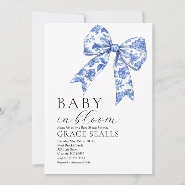 Inbjudan till Blue Toile Bow Baby Shower (Framsida)