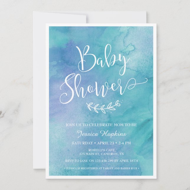 Inbjudan till Blue Watercolor Baby Shower (Framsida)