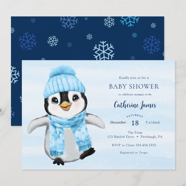 Inbjudan till Blue Winter Penguin Baby Shower (Fram/baksida)