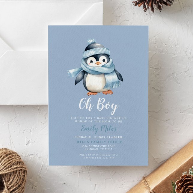 Inbjudan till Blue Winter Penguin Baby Shower (Skapare uppladdad)