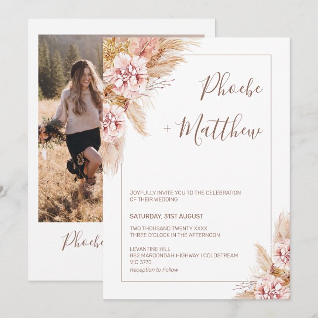  inbjudan till Boho Blommigt Pampas Grass Wedding (Fram/baksida)