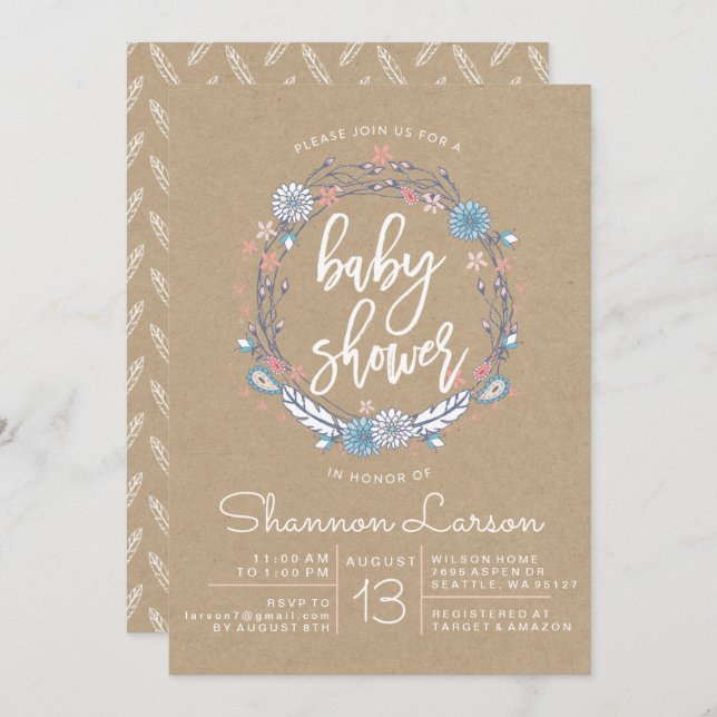 Inbjudan till Boho Blommigt Wand Baby Shower (Fram/baksida)