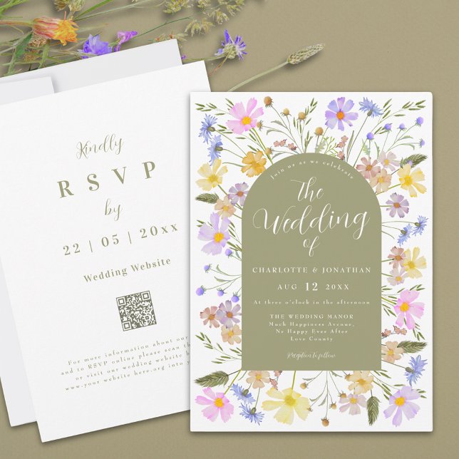 Inbjudan till Boho Wildblomch Arch Vår bröllop (Boho wildflower sage green arch wedding invitation with qr code)