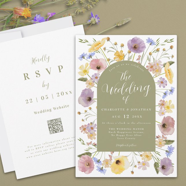Inbjudan till Boho Wildblomch Arch Vår bröllop (Colorful Wildflower wedding invitation with sage green arch elegant script and watercolor florals)