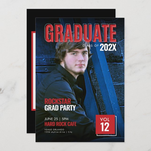Inbjudan till Bold Red Magazine Cover Grads-fest (Fram/baksida)