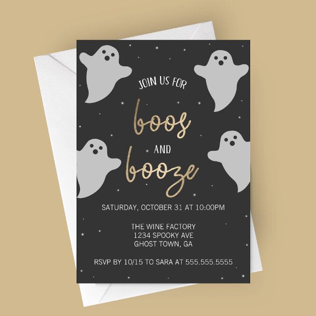 Inbjudan till Boos och sprit Halloweenfest (Boos and Booze Flying Ghosts Elegant Halloween Party Invitation)