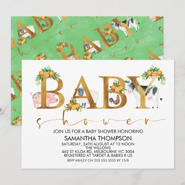 Inbjudan till boskap Ord Baby Shower (Fram/baksida)