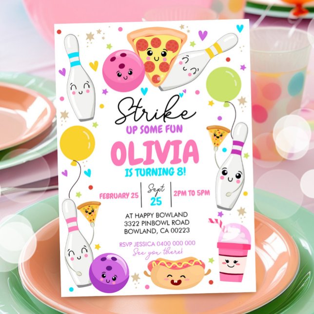 Inbjudan till Bowling Pizza Party på födelsedagen (Bowling Pizza Birthday Party Invitation)