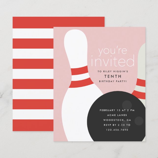 Inbjudan till bowlingtema-födelsedagsfest (Fram/baksida)