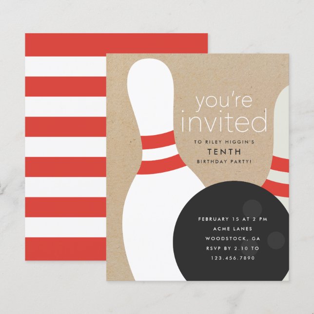 Inbjudan till bowlingtema födelsedagsfest (Fram/baksida)