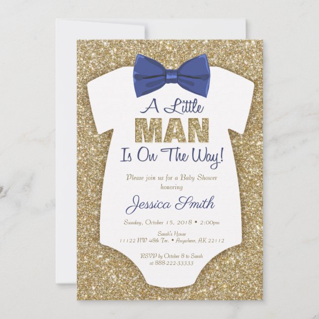 Inbjudan till Bowtie Baby Shower Guld Glitter (Framsida)
