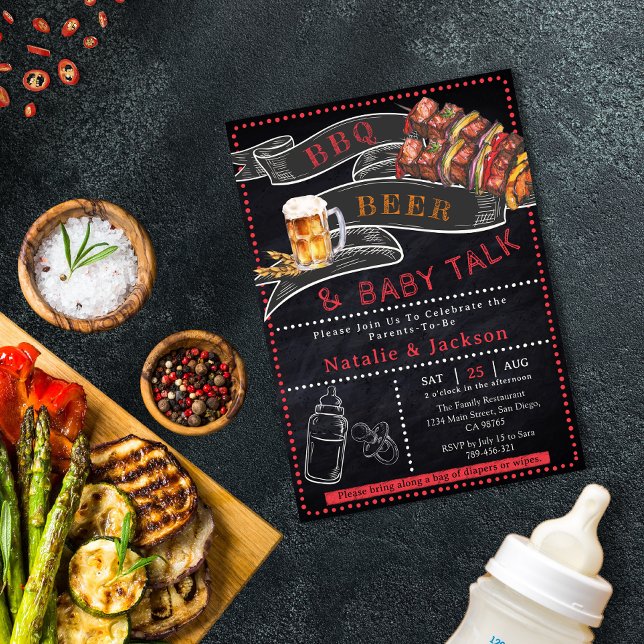 Inbjudan till BQ Beer Baby Shower för Rustic Chalk (Rustic Chalkboard BBQ Beer Baby Shower Invitation)