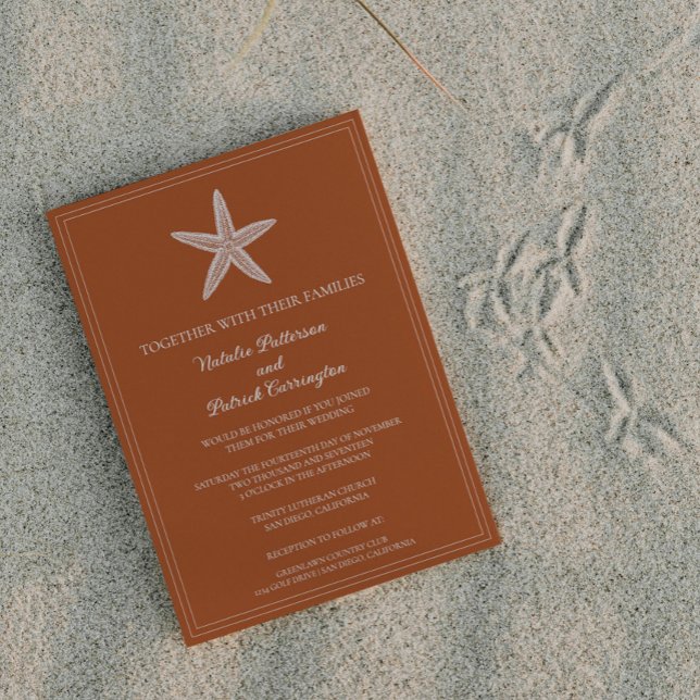 Inbjudan till brännbar Orange Starfish bröllop (Burnt Orange Starfish Wedding Invitation)