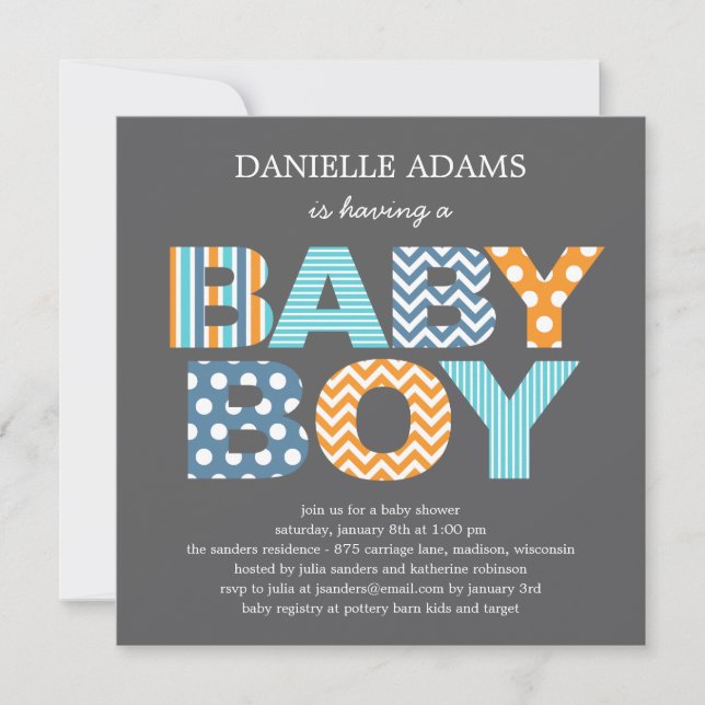 Inbjudan till Brev Baby Shower - Boy (Framsida)