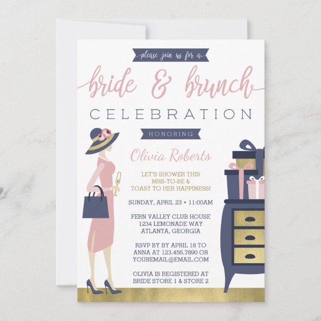 Inbjudan till Bride & Brunch Shower, flottan, Rosa (Framsida)