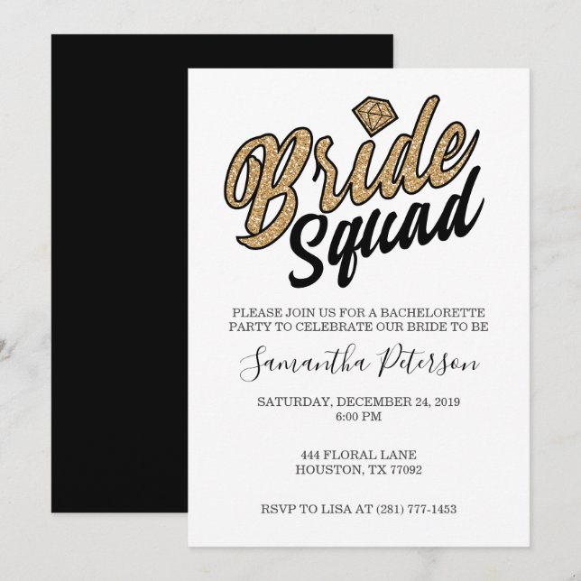 Inbjudan till Bride Squad Party-grupp - Guld & Bla (Fram/baksida)