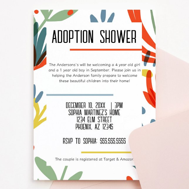 Inbjudan till Bright Botanicals Adoption Shower (bright and colorful botanical floral adoption shower invitation green, yellow, blue, red flowers)