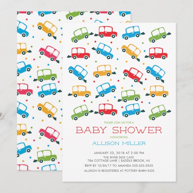 Inbjudan till Bright Cars Oh Boy Baby Shower (Fram/baksida)