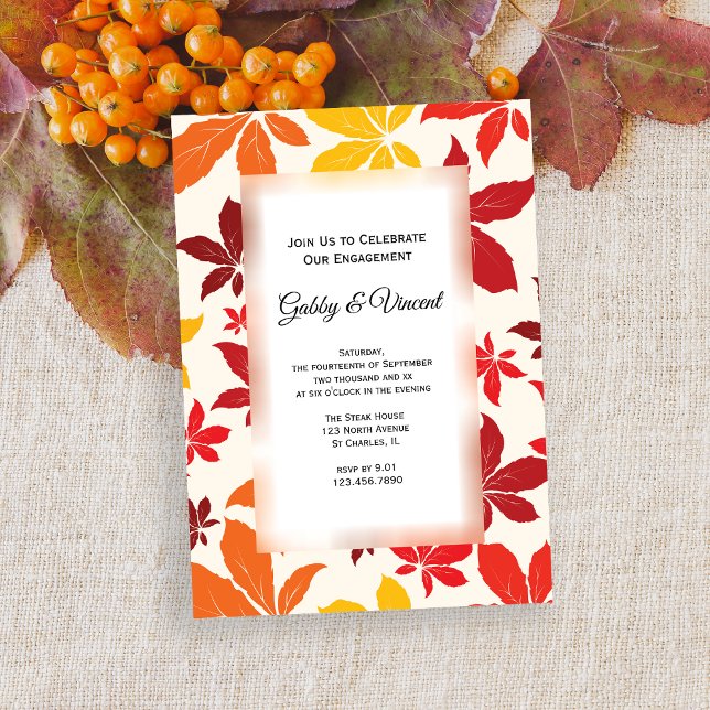 Inbjudan till Bright Höst löv Förlovningsfest (Celebrate your Autumn Engagement with this seasonal Bright Fall Leaves Invitation.)