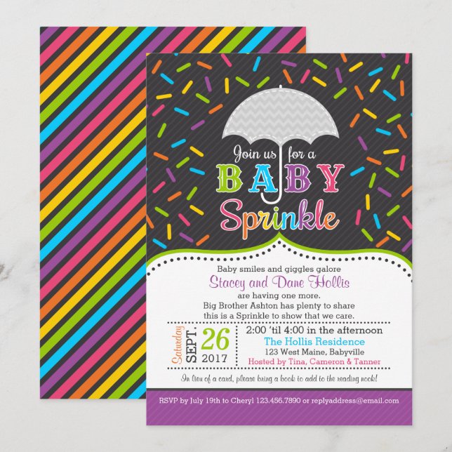 Inbjudan till Bright Rainbow Baby Sprinkle-paraply (Fram/baksida)