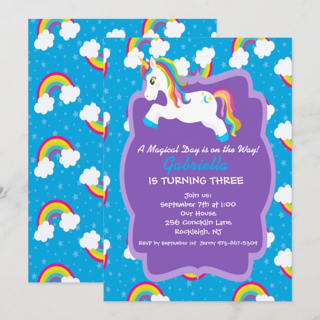 Inbjudan till Bright Rainbow Unicorn Birthday (Fram/baksida)