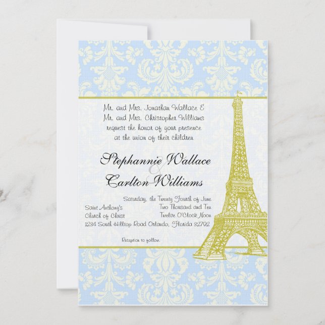 Inbjudan till Bröllop i Paris Blue Damask (Framsida)