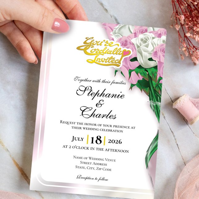 Inbjudan till bröllop med rosa ros - förgylld text (Pink and White roses in vase wedding invite design with gold heading)
