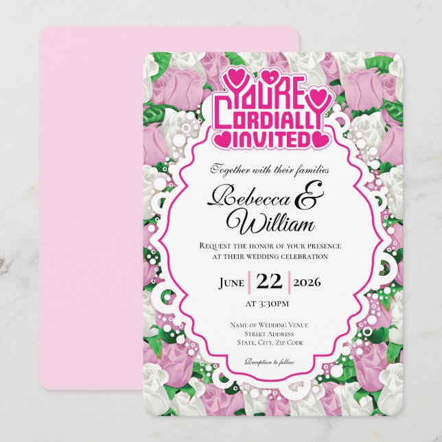 Inbjudan till bröllop med rosa & vit ros - Rosa bo (Fram/baksida)