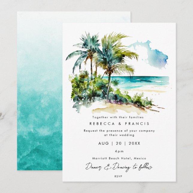 inbjudan till bröllop på tropisk strand i handflat (Fram/baksida)