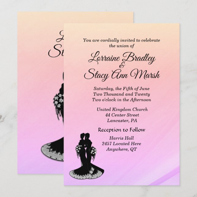 Inbjudan till Bröllop Pinks för elegant Lesbisk (Fram/baksida)
