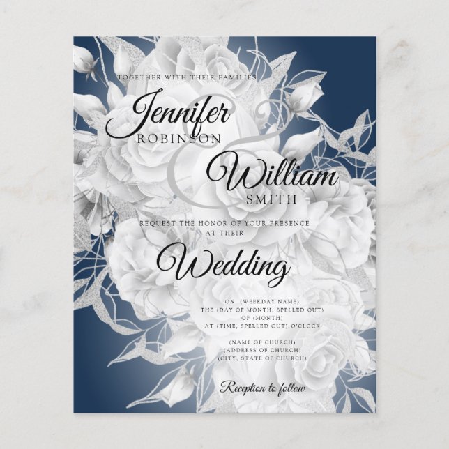 Inbjudan till Bröllop Silver och marin Blommigt Flygblad (Framsidan)