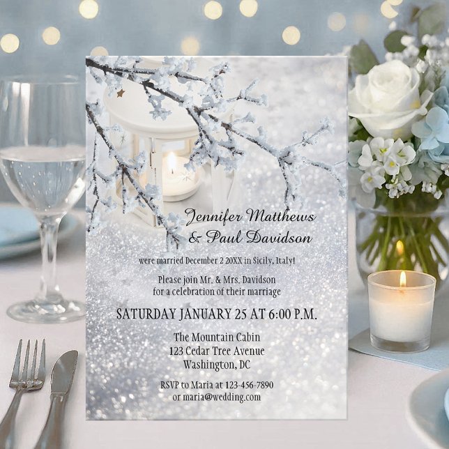 Inbjudan till Bröllopsfesten efter  i Lantern Snö (Wedding reception only invitation showing a candle lit lantern in a winter scene with sparkling snow)