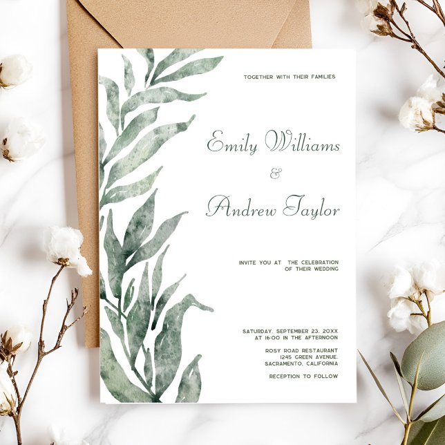 Inbjudan till bröllopsinbjudan om minimalistisk gr (Elegant minimalistic watercolor green invitation, perfect for weddings or baby showers)