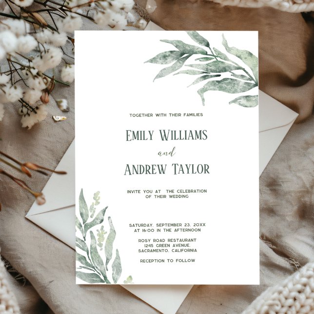 Inbjudan till bröllopsinbjudan om minimalistisk gr (Elegant minimalistic watercolor green invitation, perfect for weddings or baby showers)