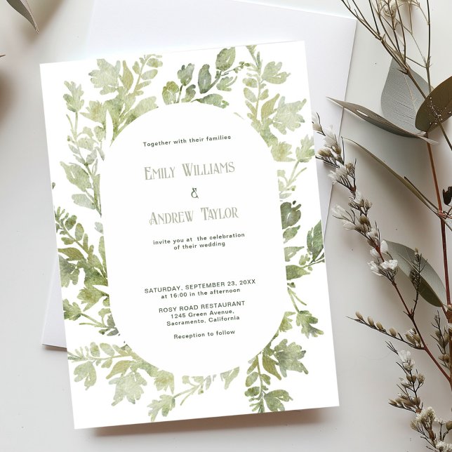 Inbjudan till bröllopsinbjudan om minimalistisk gr (Elegant minimalistic watercolor green invitation, perfect for weddings or baby showers)