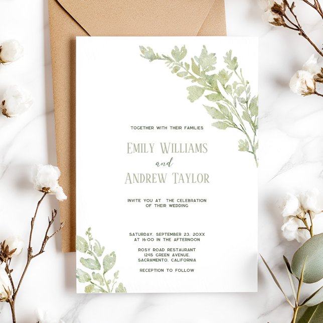 Inbjudan till bröllopsinbjudan om minimalistisk gr (Elegant minimalistic watercolor green invitation, perfect for weddings or baby showers)