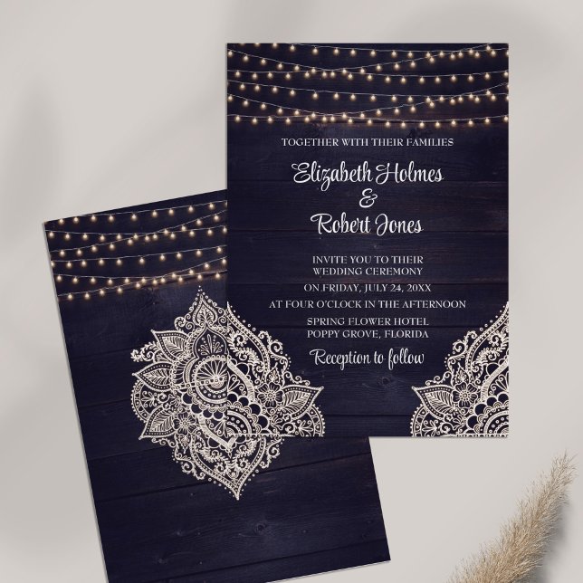 Inbjudan till bröllopsmöte i Midnight Blue Rustic  (Midnight Blue Rustic Wooden Wedding Invitation on white table.)