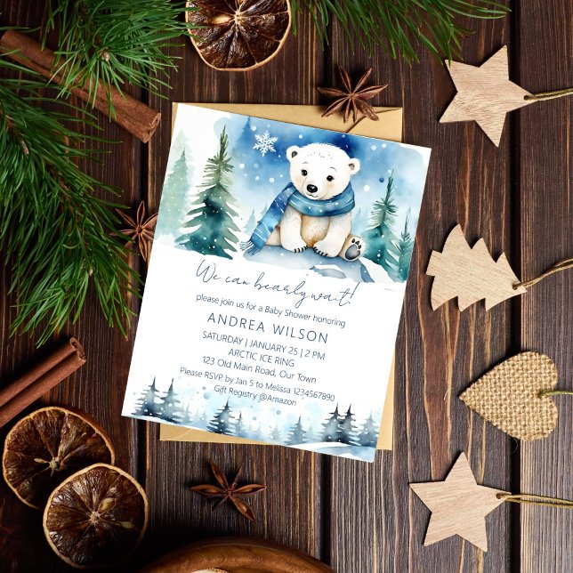 Inbjudan till budget för babydusch för polarnas bj (Polar bear winter baby shower budget invitation cute white teddy bear with a scarf winter wonderland)