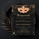 Inbjudan till budget för den svarta guld-födelseda flygblad<br><div class="desc">För en elegant Masqueraad,  50:e (eller någon annan ålder) födelsedag. Snyggtens svarta bakgrund. Dekorerad med faux guld glitter damm och maskerad mask. Anpassa och lägg till information om namn,  ålder och party. Namn är skrivet med ett handskript i stil</div>