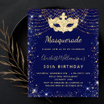 Inbjudan till budget för Masquerablå guld-födelsed<br><div class="desc">För en elegant Masqueraad,  50:e (eller någon annan ålder) födelsedag. En snyggt marin blå bakgrund. Dekorerad med faux guld glitter damm och maskerad mask. Anpassa och lägg till information om namn,  ålder och party. Namn är skrivet med ett handskript i stil</div>