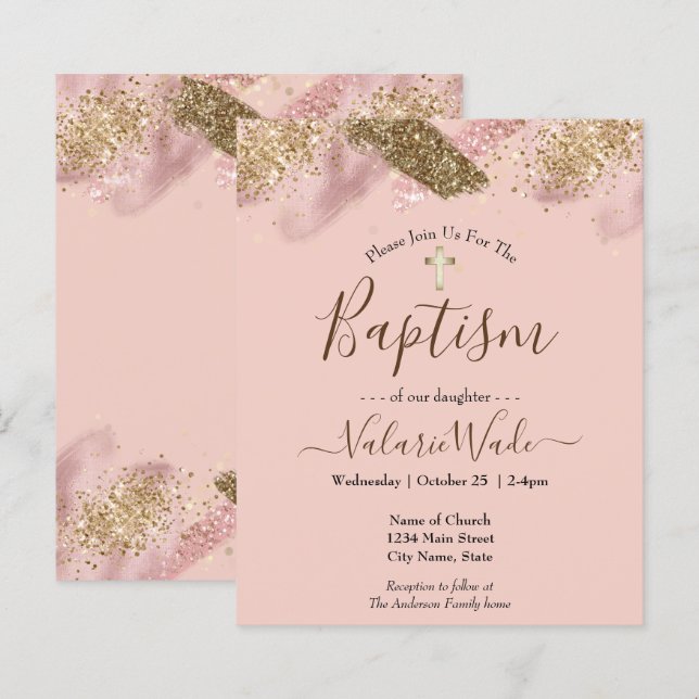 Inbjudan till budget för rosa Glitter Stänk-baptis (Fram/baksida)