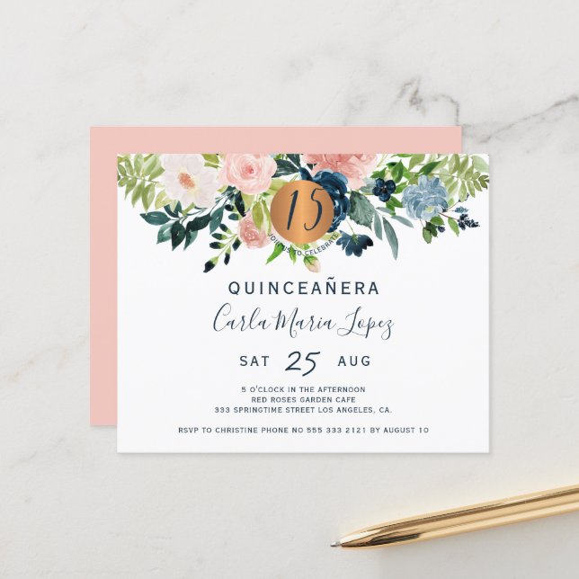 Inbjudan till budget-quinceañera-födelsedagsfest (Fram/Back In Situ)