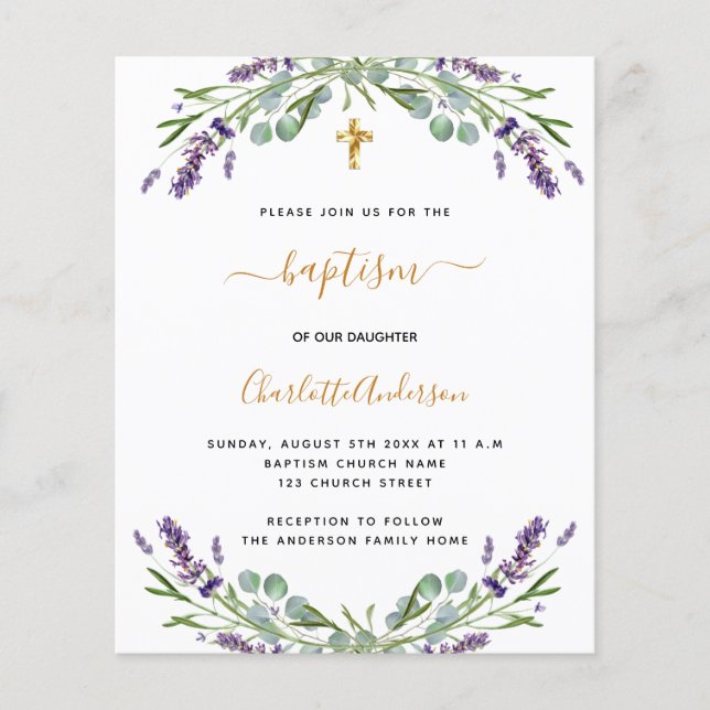 Inbjudan till budgetbaptism lavender eucalyptus (Framsida)