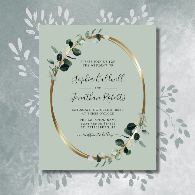 Inbjudan till budgetens eukalyptus Sage Gold Foil  (Budget Eucalyptus Sage Gold Foil Wedding Invitation)
