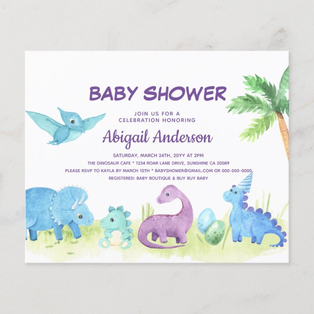 Inbjudan till budgeterad Dinosaur Cute Baby Shower (Framsida)