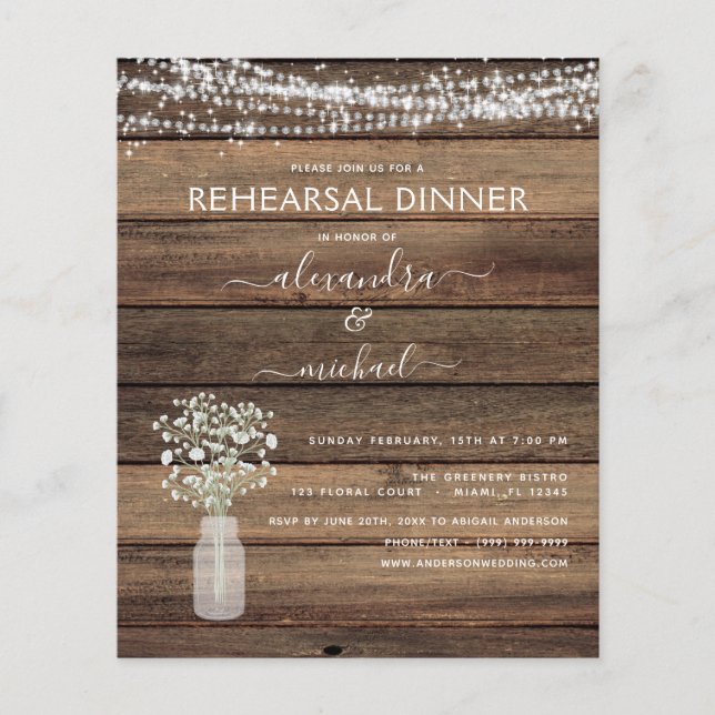 Inbjudan till budgeterad Rustic Rehearsal Dinner L Flygblad (Framsidan)